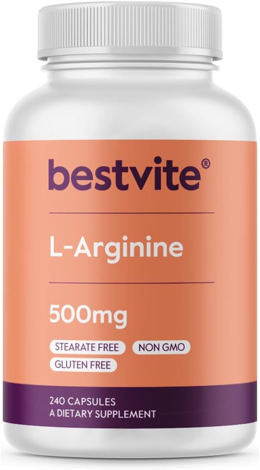 L-Arginine 500mg (240 Capsules) - Magnesium Stearate & Silicon Dioxide Free - Non GMO & Gluten Free