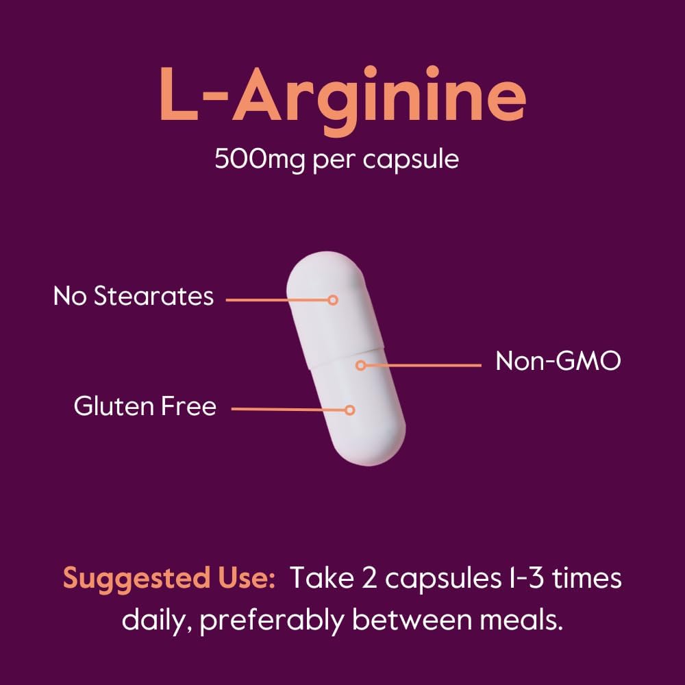 L-Arginine 500mg (240 Capsules) - Magnesium Stearate & Silicon Dioxide Free - Non GMO & Gluten Free