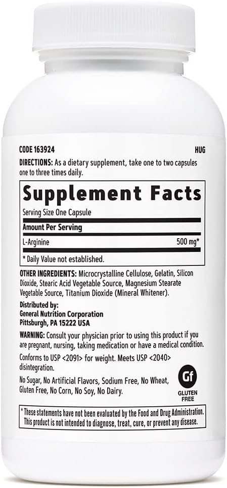 L-Arginine 500mg Capsules - Boost Nitric Oxide Levels - 90 Count