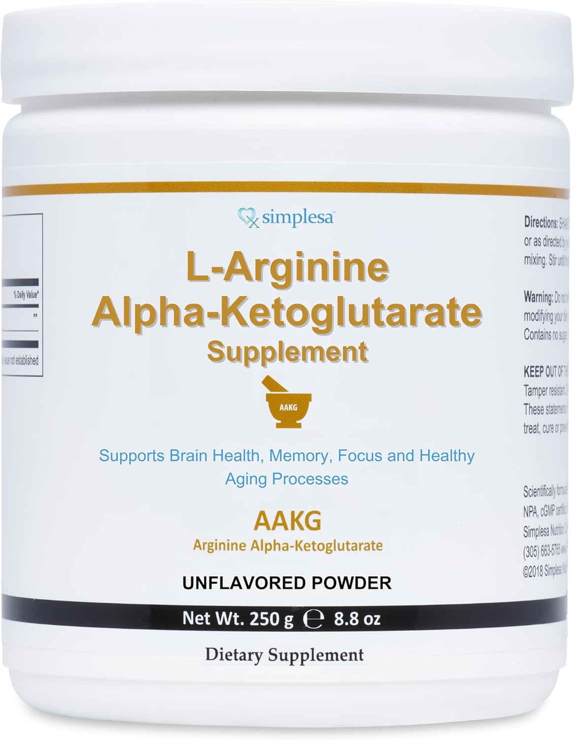 L-Arginine Alpha-Ketoglutarate Powder Supplement, 2000mg Per Serving, Brain Health Support, Memory & Focus, 250g
