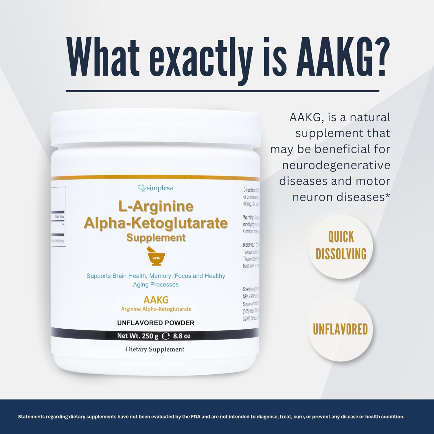 L-Arginine Alpha-Ketoglutarate Powder Supplement, 2000mg Per Serving, Brain Health Support, Memory & Focus, 250g