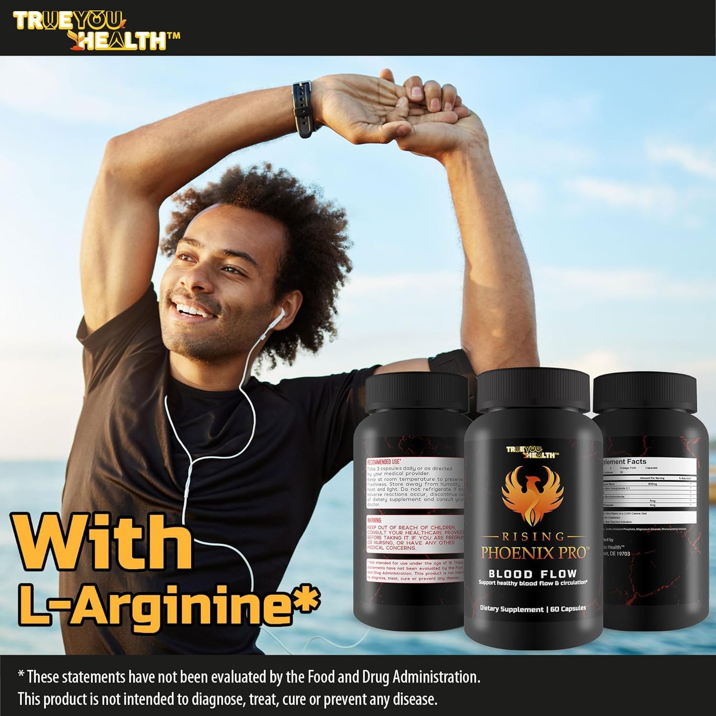 L-Arginine Blood Circulation Supplement for Men - Pro Rising Phoenix Male Pill for Healthy Blood Flow - True You Health Formula