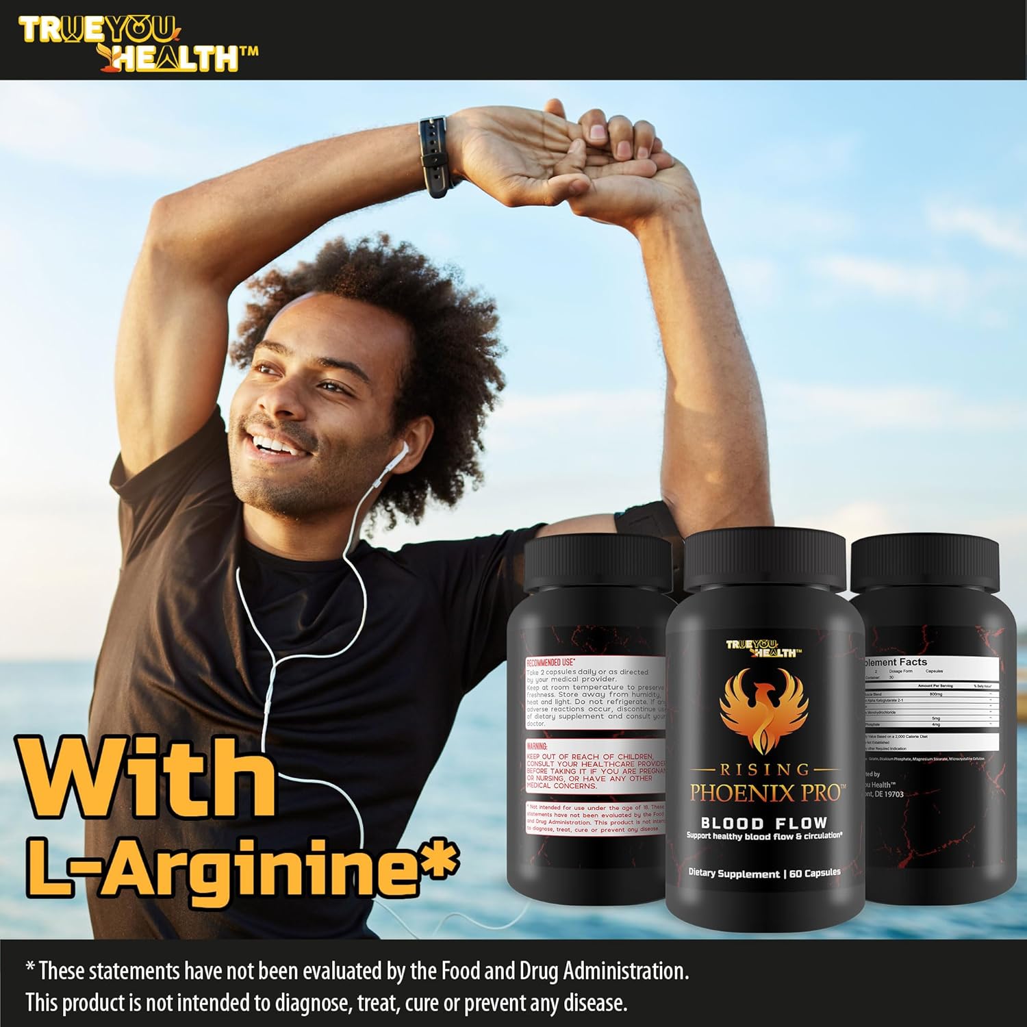 L-Arginine Blood Circulation Supplement for Men - Pro Rising Phoenix Male Pill for Healthy Blood Flow - True You Health Formula