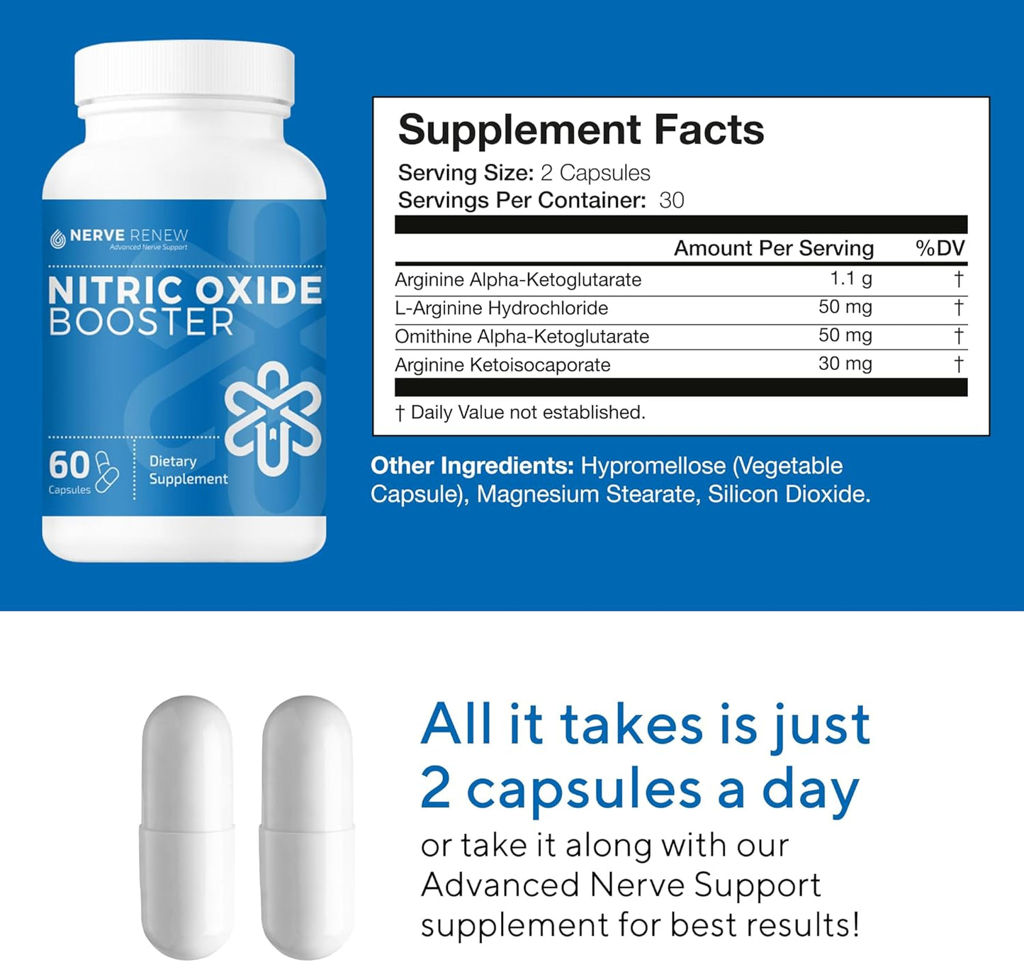 L-Arginine Hydrochloride Nitric Oxide Booster for Nerve Nourishment - 60 Capsules