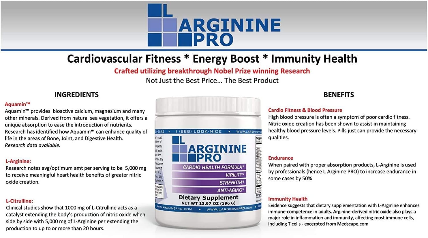 L-ARGININE PRO Grape Supplement Powder - 5,500mg L-arginine & 1,100mg L-Citrulline - Pack of 6 Jars