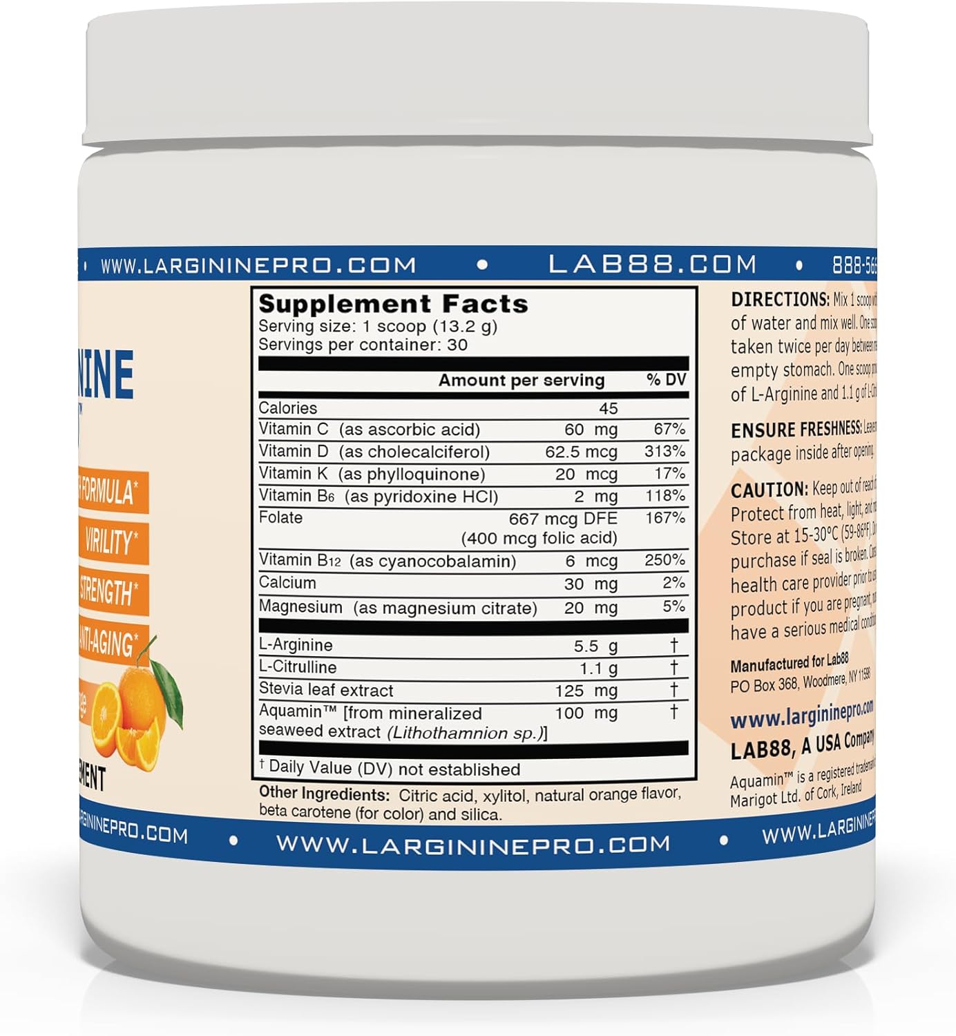 L-ARGININE PRO Powder Supplement | 5,500mg L-arginine + 1,100mg L-Citrulline | Orange Flavor | 3 Jars