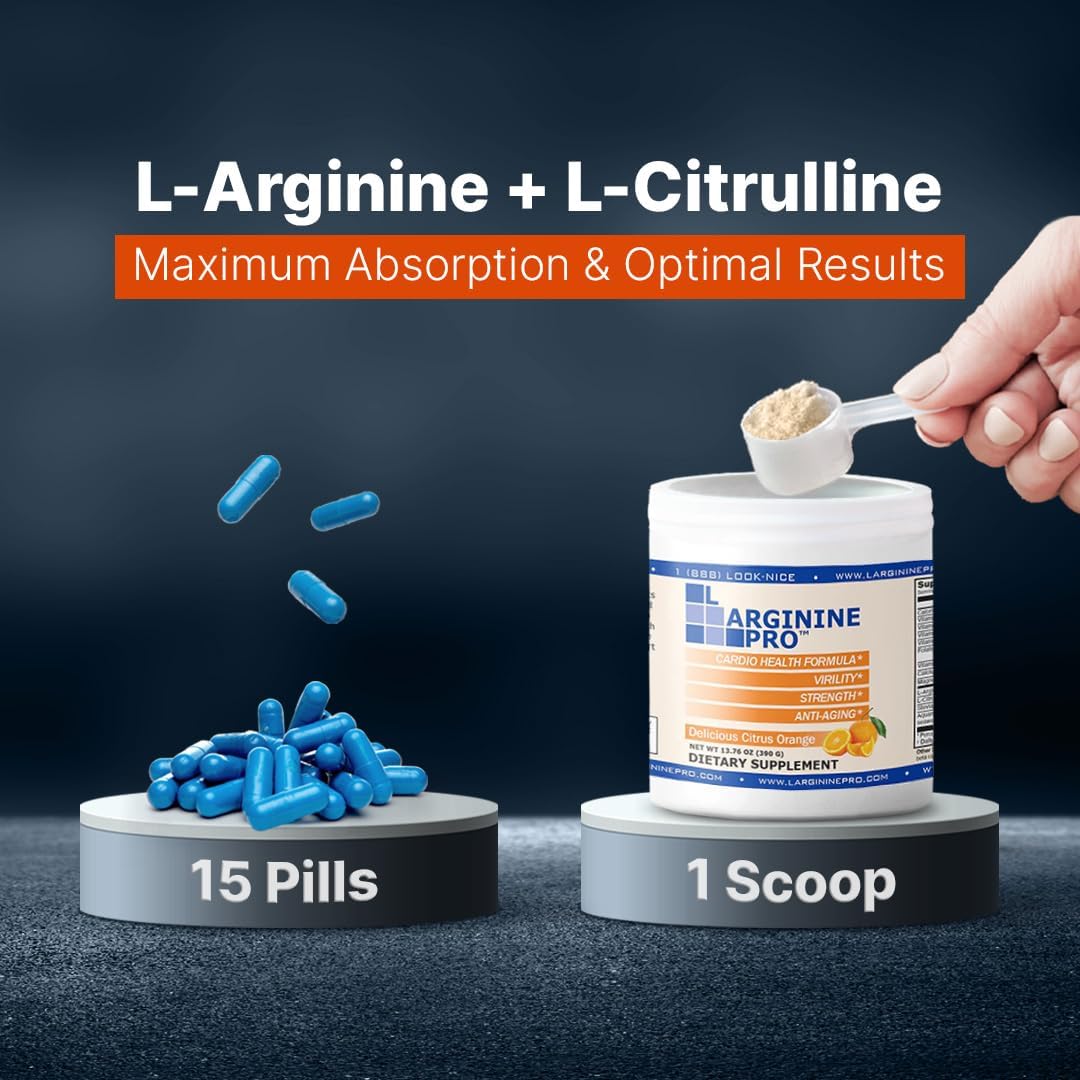 L-ARGININE PRO Powder Supplement | 5,500mg L-arginine + 1,100mg L-Citrulline | Orange Flavor | 3 Jars