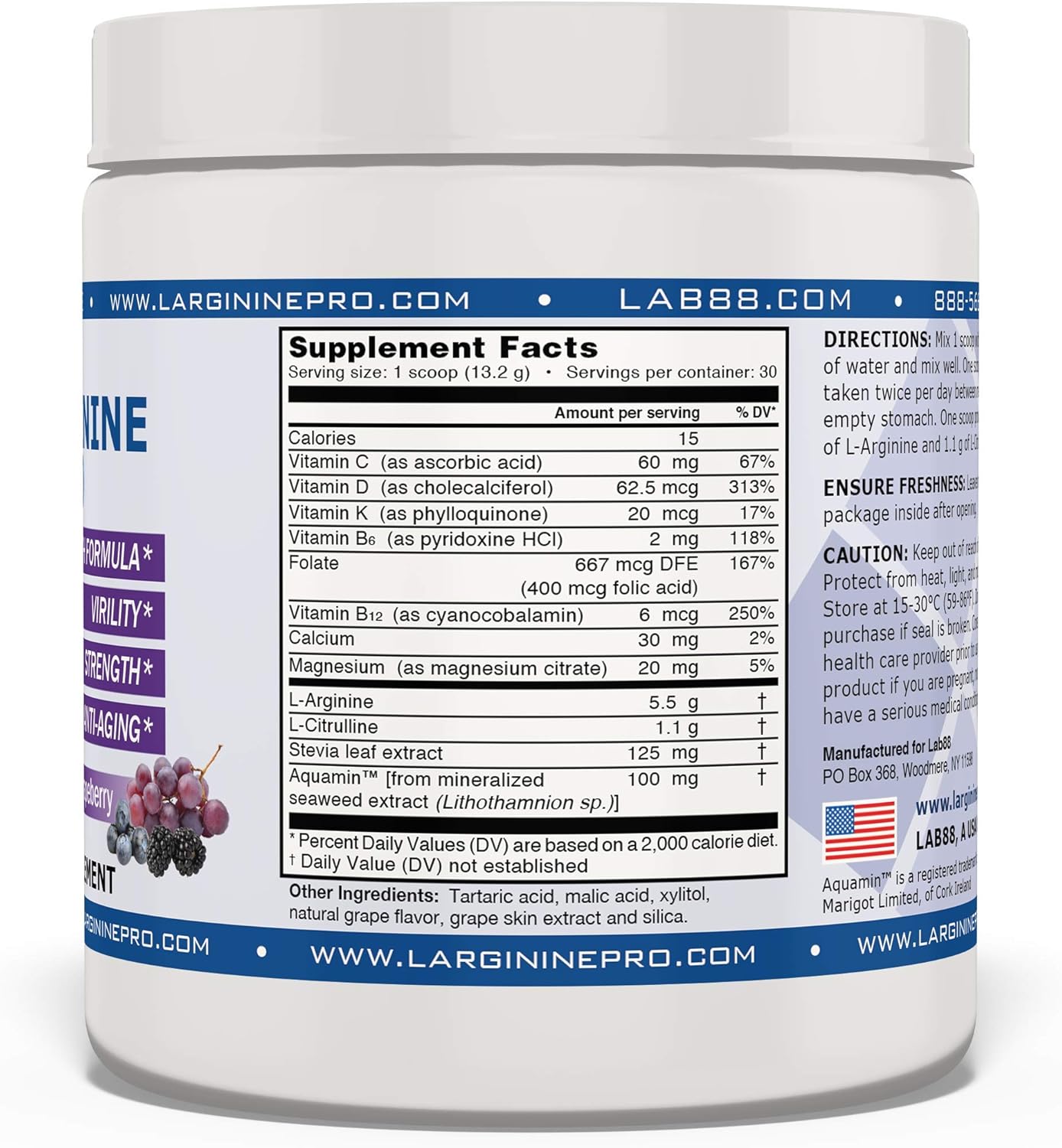 L-ARGININE PRO Powder Supplement | 5,500mg L-arginine & 1,100mg L-Citrulline | Pack of 6 Jars (Raspberry, Orange, Grape)