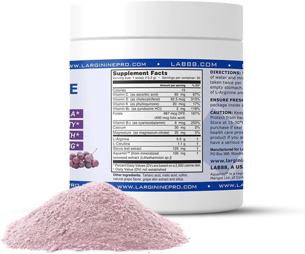 L-ARGININE PRO Powder Supplement for Nitric Oxide Boost with L-Citrulline - 5,500mg L-Arginine, 1,100mg - Grape Flavor for Endurance & Heart Health