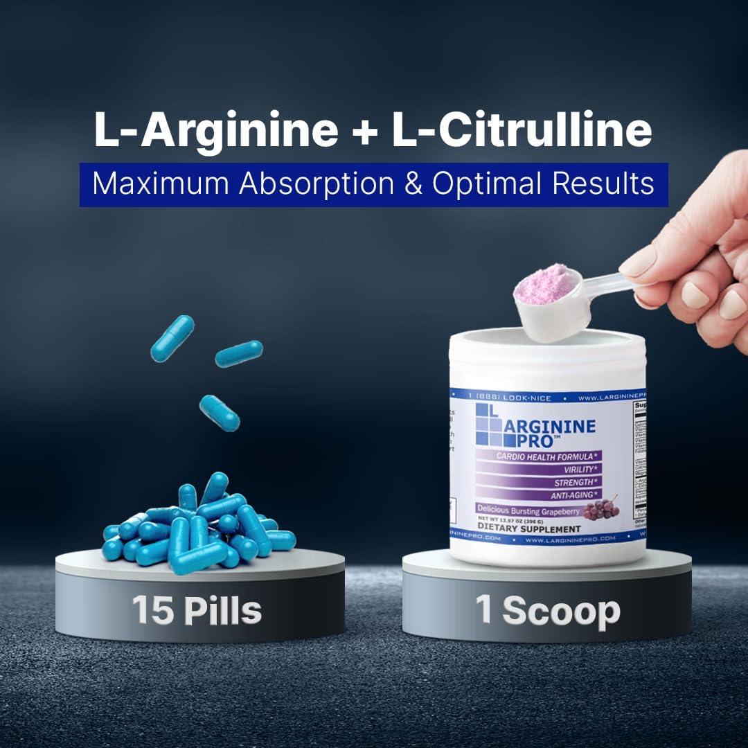 L-ARGININE PRO Powder Supplement for Nitric Oxide Boost with L-Citrulline - 5,500mg L-Arginine, 1,100mg - Grape Flavor for Endurance & Heart Health