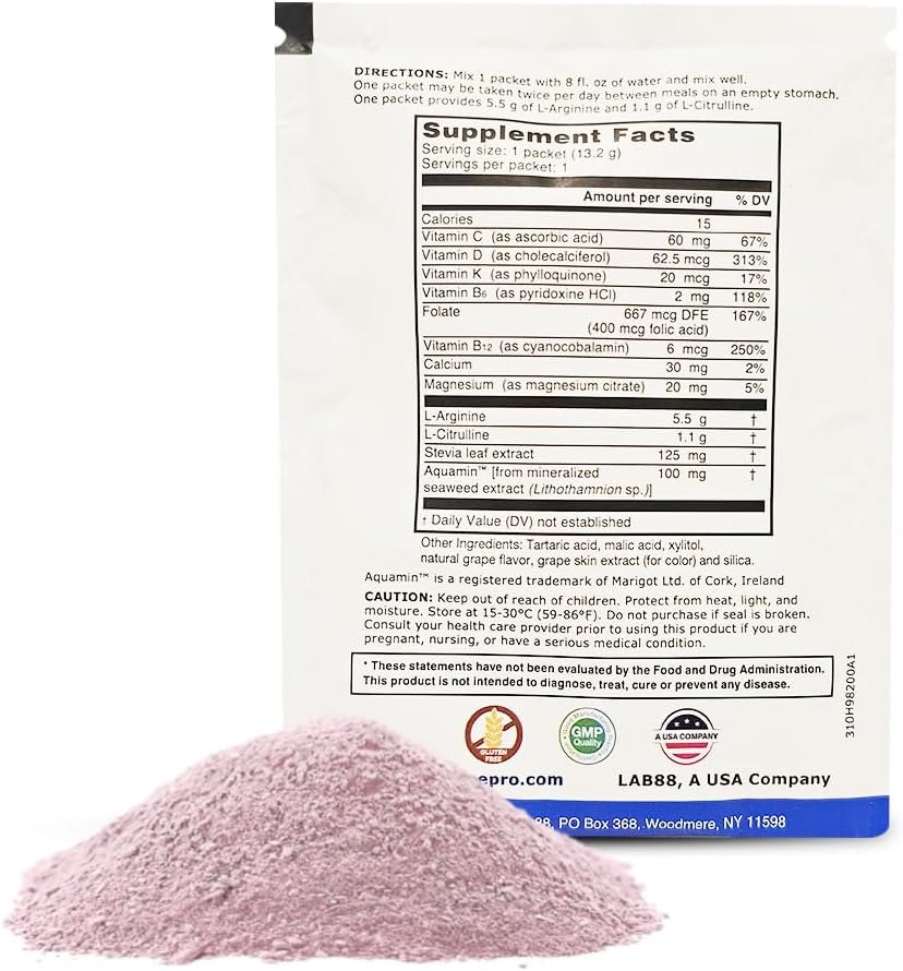 L-ARGININE PRO Single Serve Travel Packets - 60 Pack, 5,500mg L-arginine & 1,100mg L-Citrulline, Grape Berry Flavor