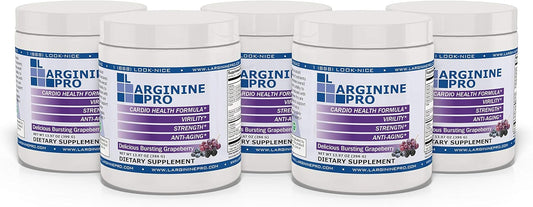 L-arginine Pro Supplement Pack - 5,500mg L-arginine, 1,100mg L-Citrulline, Vitamins & Minerals for Cardio Health, Blood Pressure, Cholesterol, Energy, Sleep - Grapeberry Flavor - 5 Pack