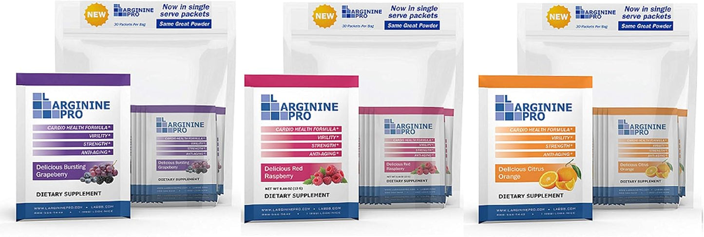 L-ARGININE PRO Travel Size Supplement Packets - 5,500mg L-arginine & 1,100mg L-Citrulline (90 Servings, Raspberry, Orange, Grape)