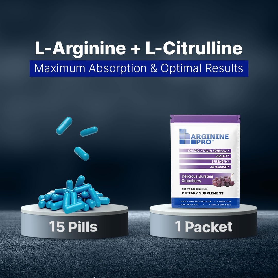 L-ARGININE PRO Travel Size Supplement Packets - 5,500mg L-arginine & 1,100mg L-Citrulline (90 Servings, Raspberry, Orange, Grape)