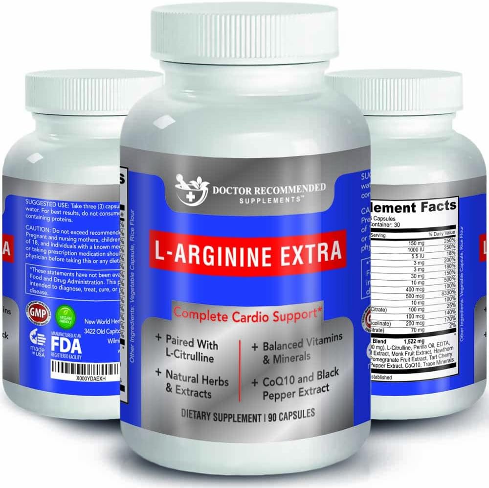L-Arginine Supplement Recommended by Doctors - Boosts Muscle Mass & Blood Flow - Nitric Acid Support - With Vitamins - Vegetarian - Made in USA