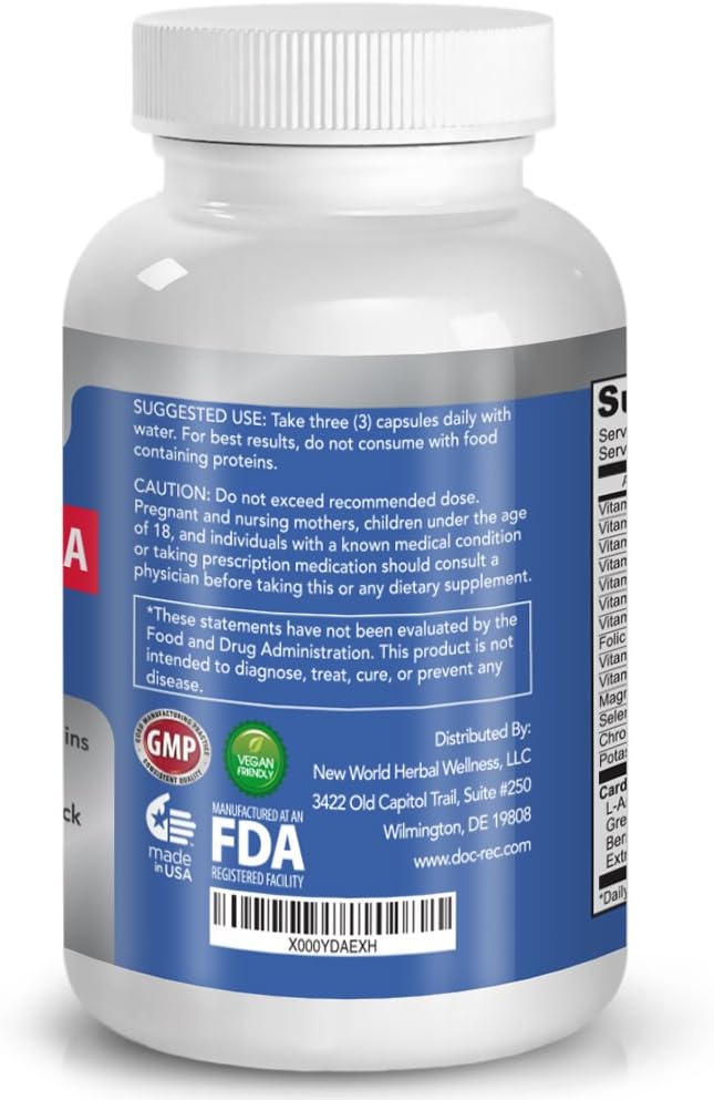 L-Arginine Supplement Recommended by Doctors - Boosts Muscle Mass & Blood Flow - Nitric Acid Support - With Vitamins - Vegetarian - Made in USA