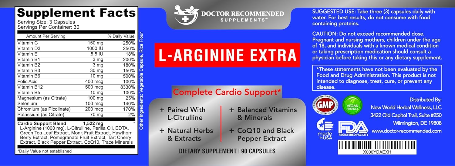 L-Arginine Supplement Recommended by Doctors - Boosts Muscle Mass & Blood Flow - Nitric Acid Support - With Vitamins - Vegetarian - Made in USA