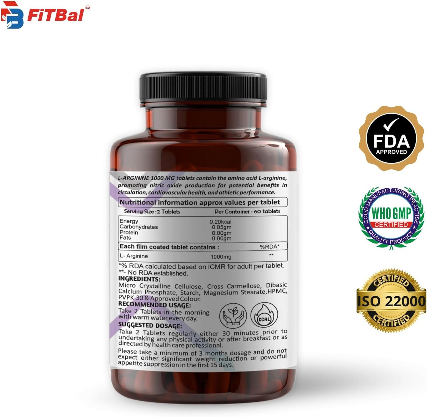 L-Arginine Tablets 1000mg for Energy, Muscle Growth, Blood Flow, and Vascular Function - 60 Tablets