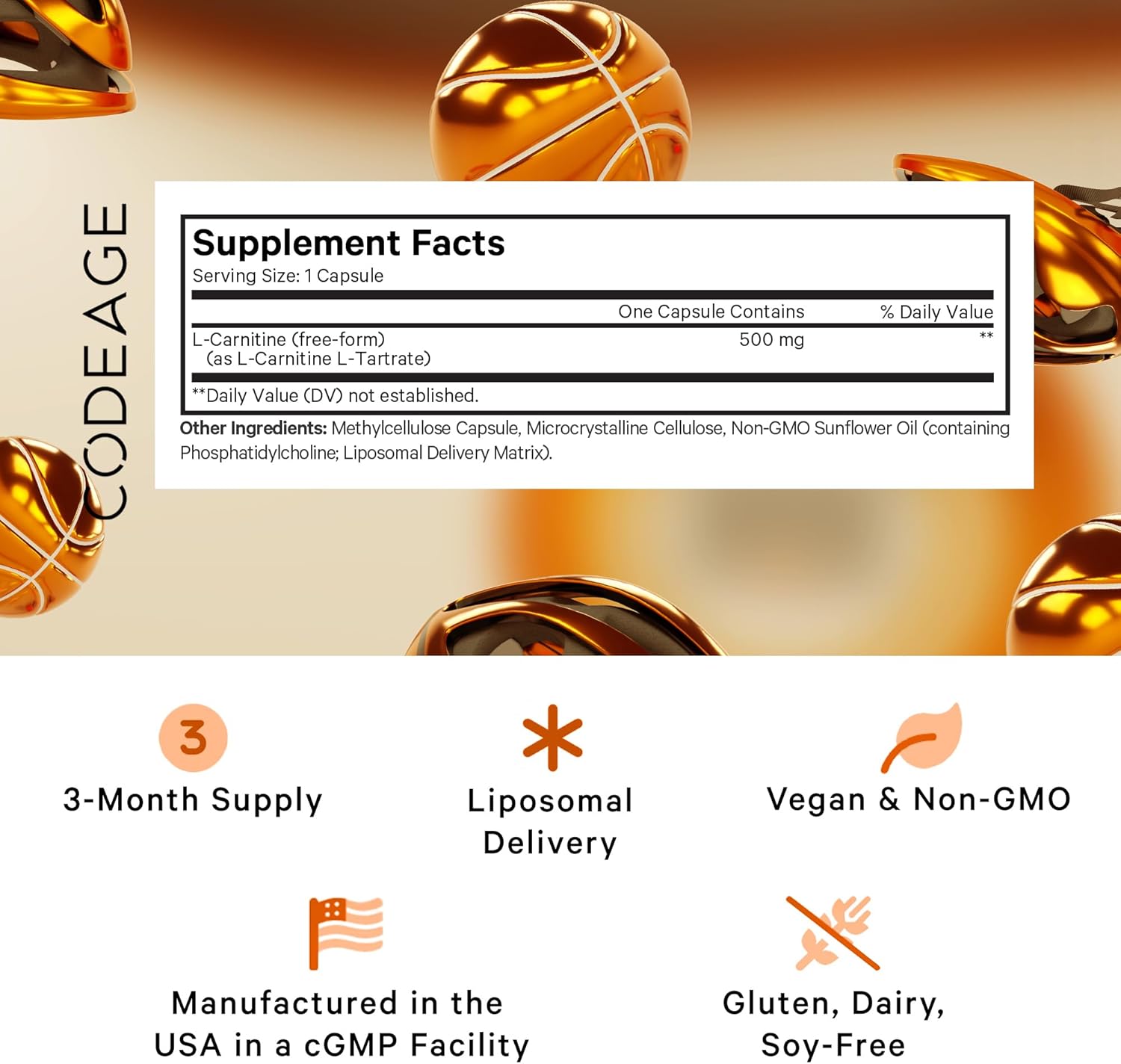 L-Carnitine Liposomal Supplement - 500mg L-Tartrate per Serving - Free-Form Amino Acid - Vegan, Non-GMO - 90 Capsules