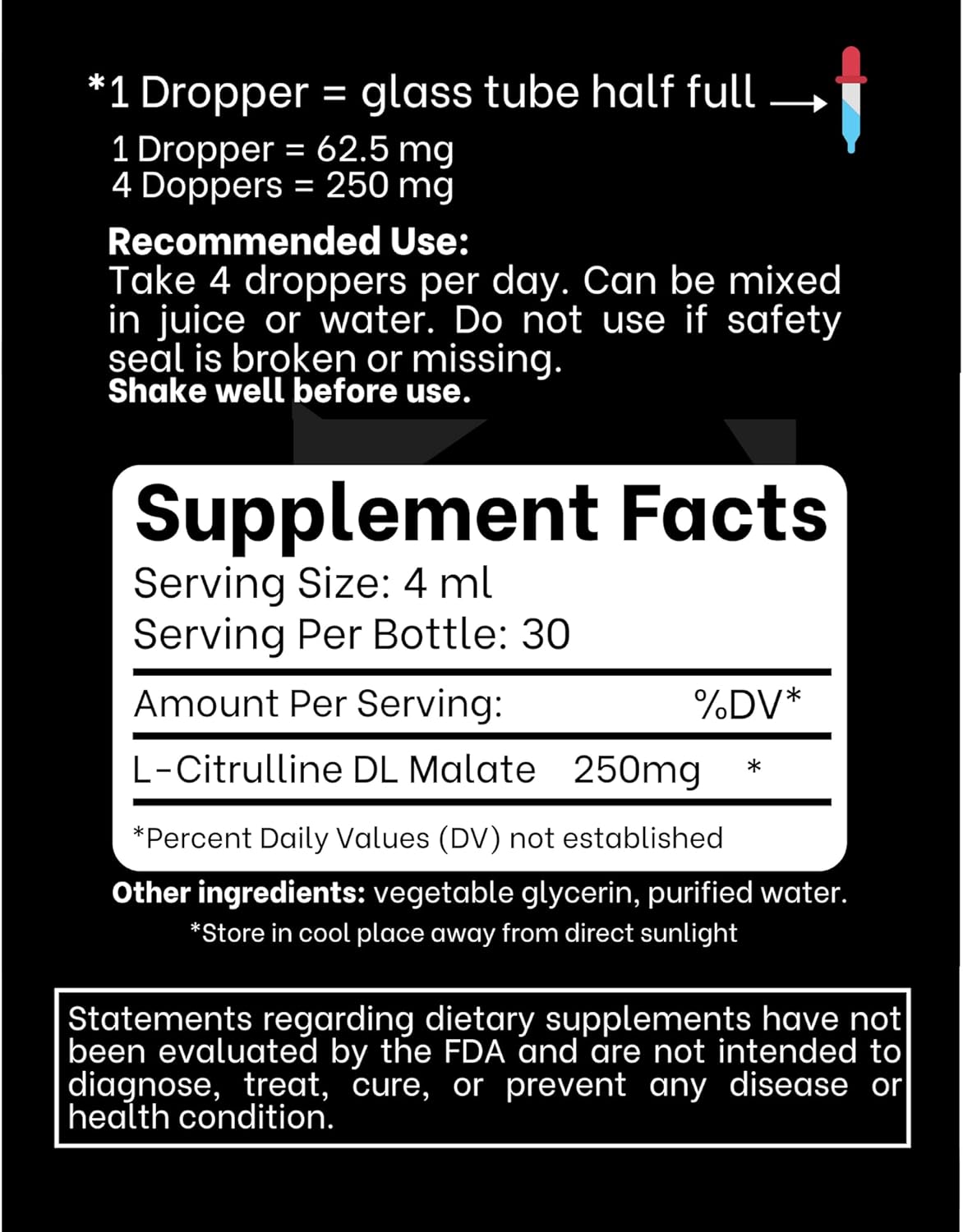 L-Citrulline DL-Malate 2:1 Liquid Drops - High Absorption Formula - 250 mg Per Serving - Convenient Dropper - 30-Day Supply