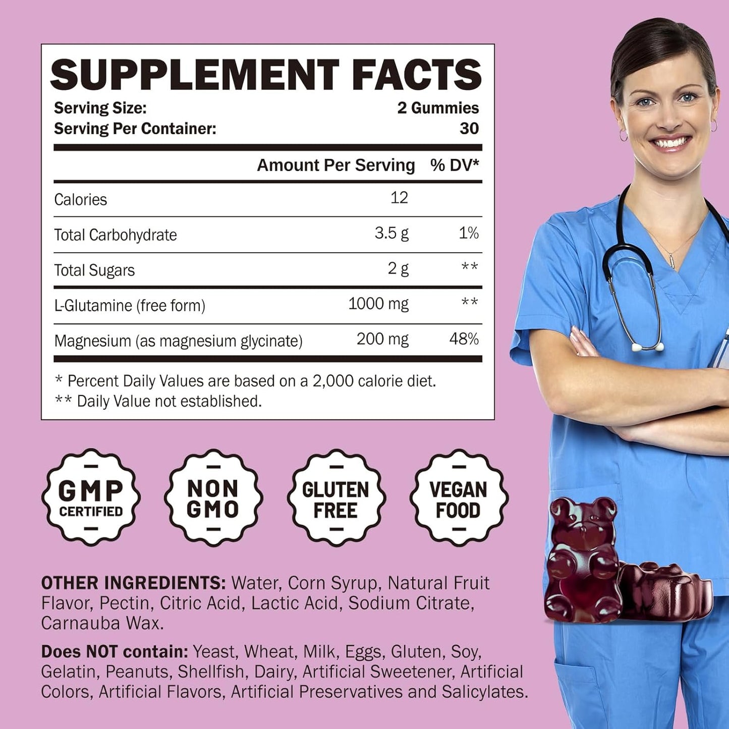 L-Glutamine Gummies 1000mg - Muscle & Immune Support Supplement with Magnesium, Vegan, Non-GMO, Gluten Free - 120 Count