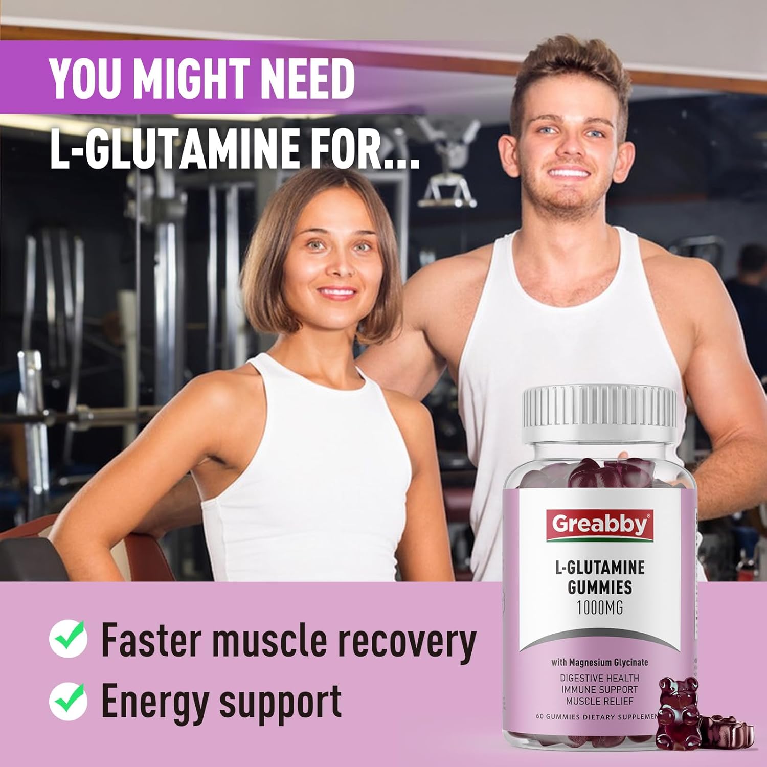 L-Glutamine Gummies 1000mg - Muscle & Immune Support Supplement with Magnesium, Vegan, Non-GMO, Gluten Free - 120 Count