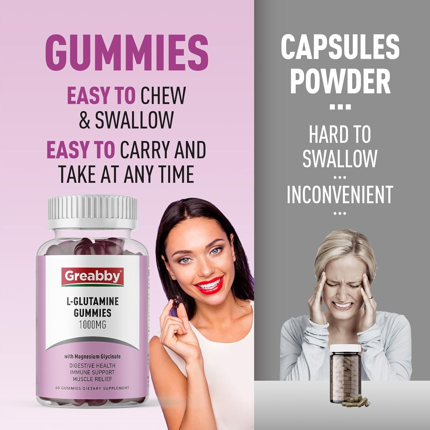 L-Glutamine Gummies 1000mg - Muscle & Immune Support Supplement with Magnesium, Vegan, Non-GMO, Gluten Free - 120 Count