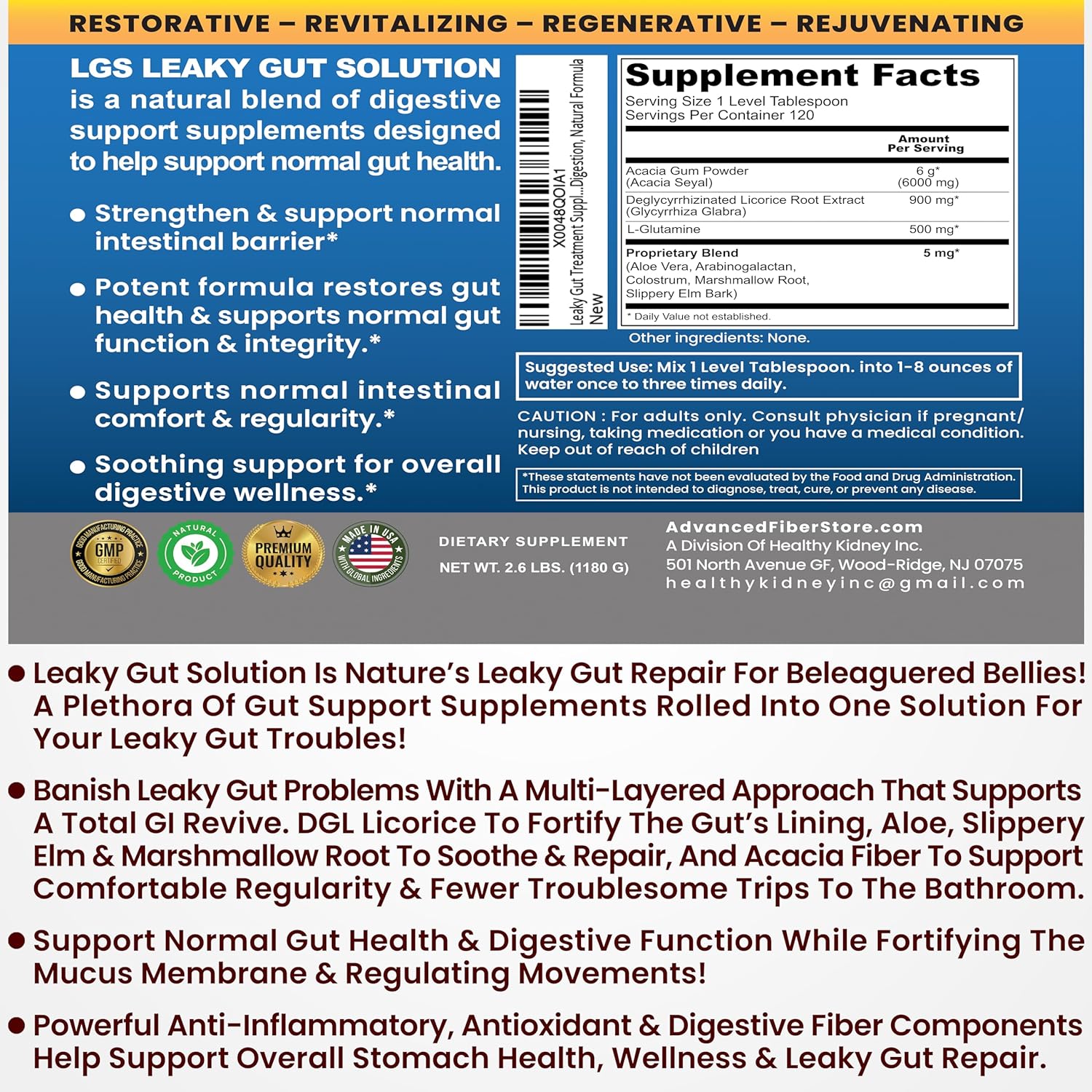 L-Glutamine & Prebiotic Gut Restore Powder for Leaky Gut Repair and Kidney Health - Supplements for Digestive Restoration & Gut Lining Support with Gut Health Guide