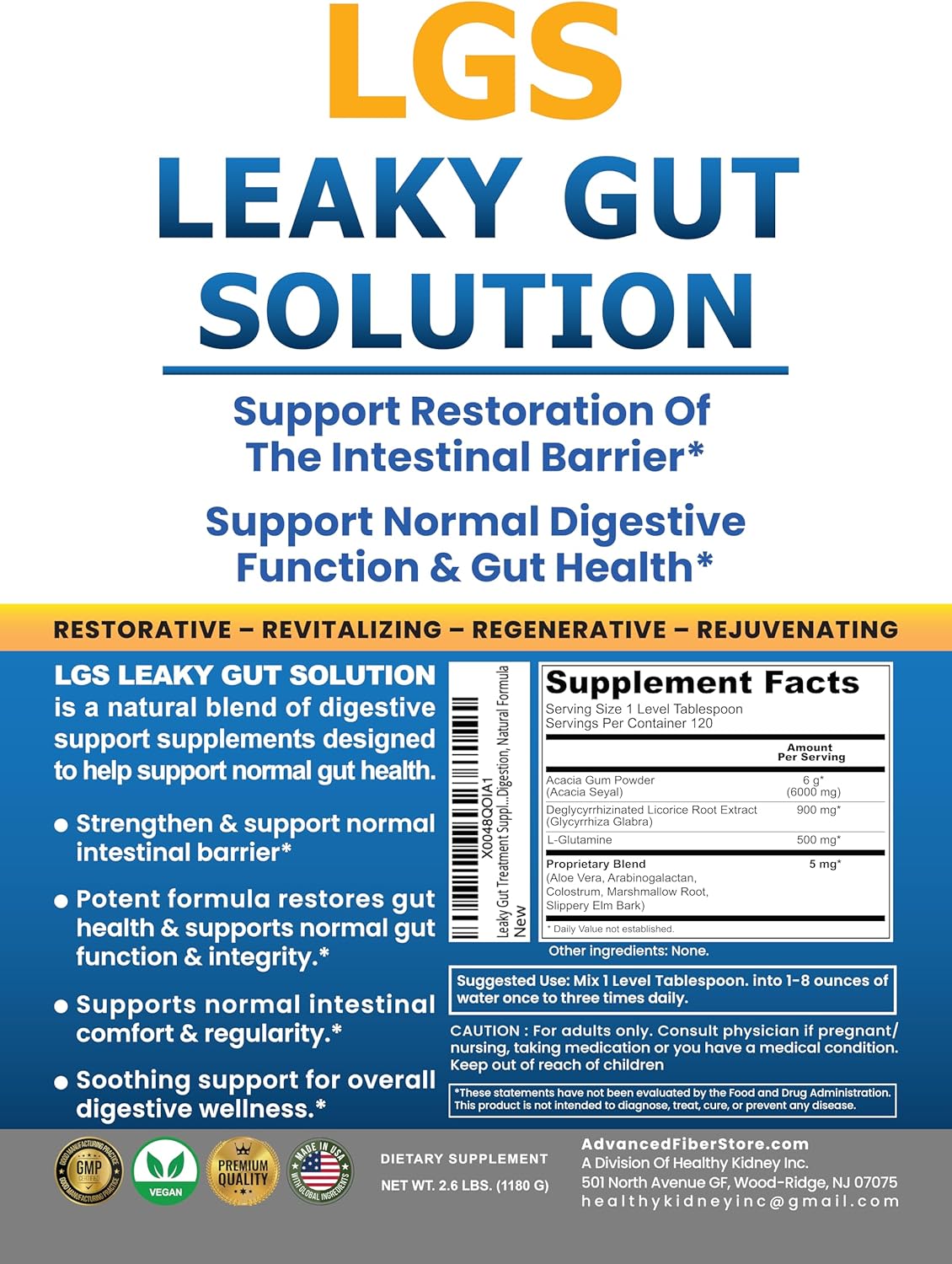L-Glutamine & Prebiotic Gut Restore Powder for Leaky Gut Repair and Kidney Health - Supplements for Digestive Restoration & Gut Lining Support with Gut Health Guide