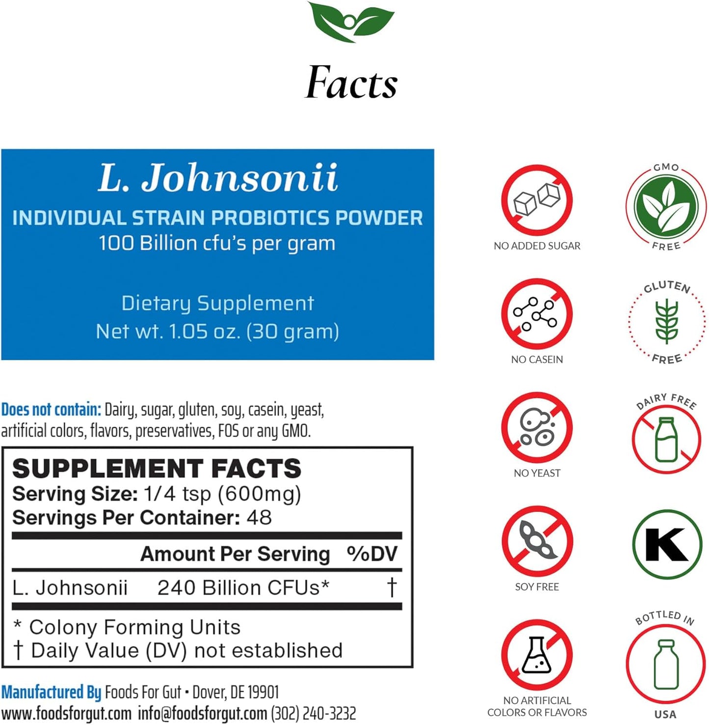 L. Johnsonii Probiotic Powder 100 Billion cfu's | Gut & Immune Support | High Potency Formula | No Additives | 30g (1.05oz)