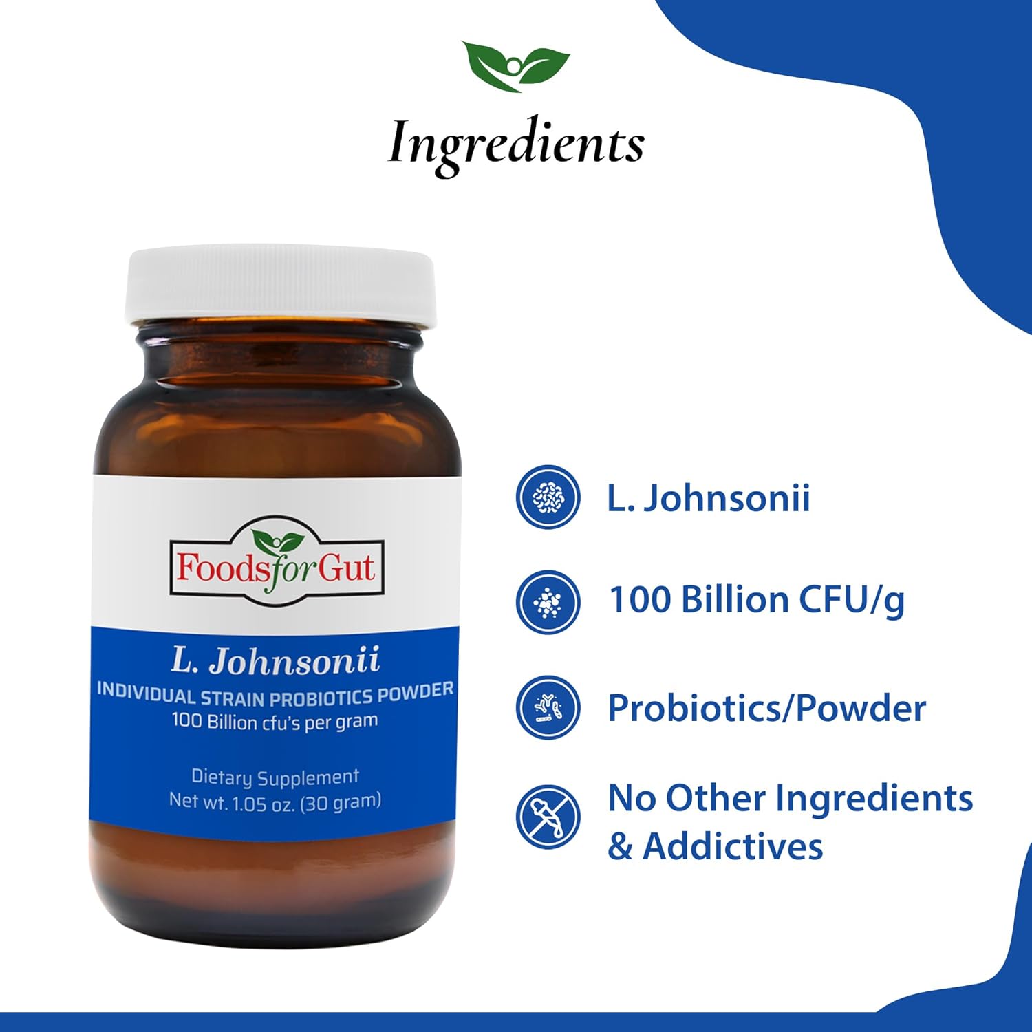L. Johnsonii Probiotic Powder 100 Billion cfu's | Gut & Immune Support | High Potency Formula | No Additives | 30g (1.05oz)