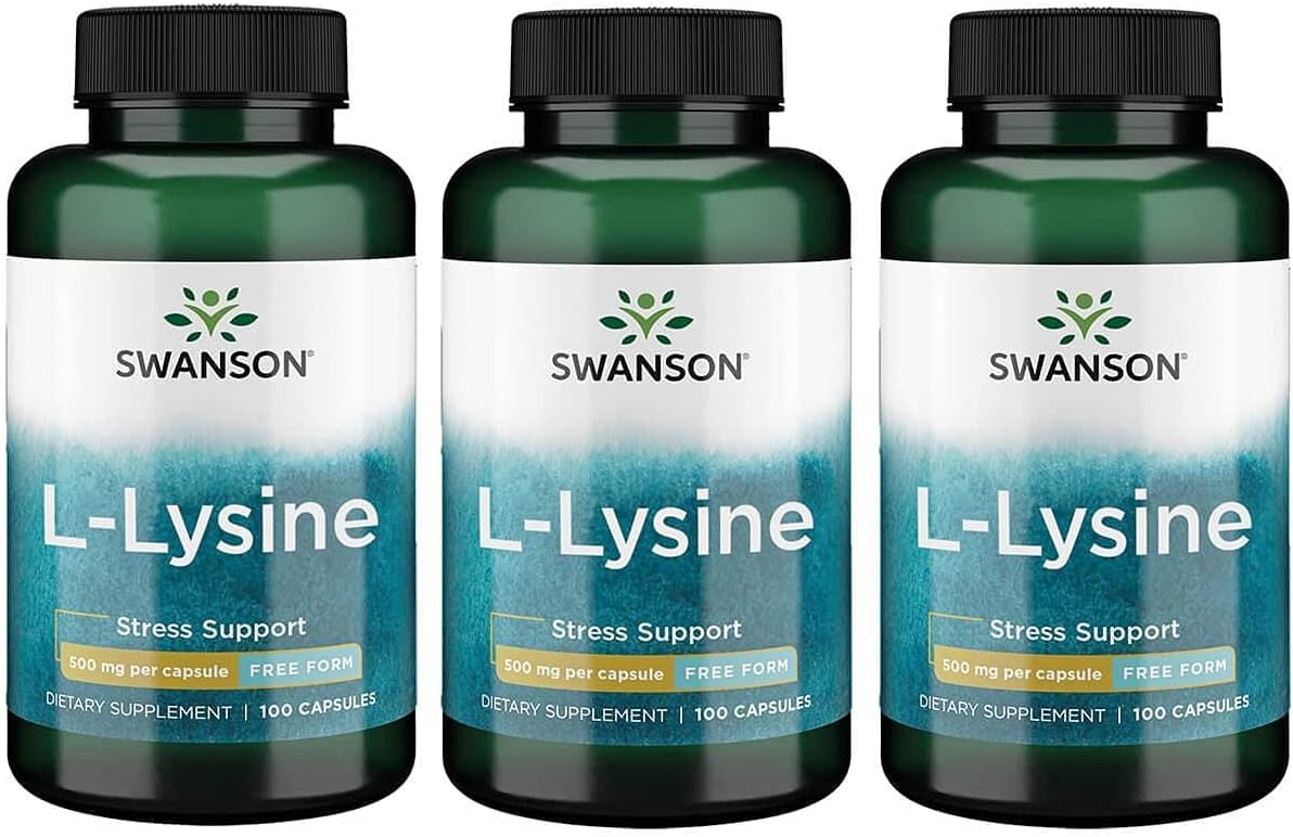 L-Lysine 500mg Capsules - 100 Count (Pack of 3) - Amino Acid Free-Form Supplement by Swanson