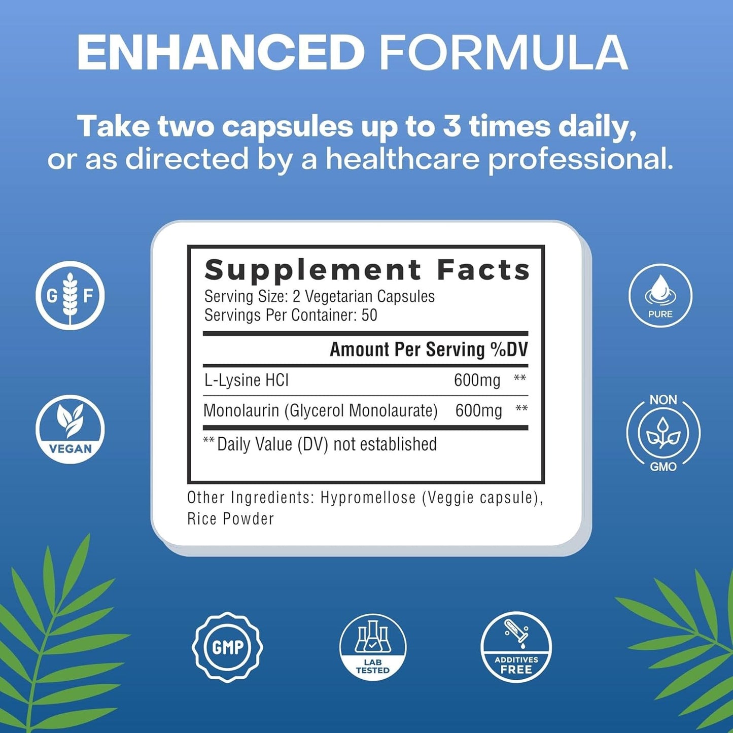 L-Lysine and Monolaurin 600mg Capsules - 100 Count, Natural Cure Labs Formula