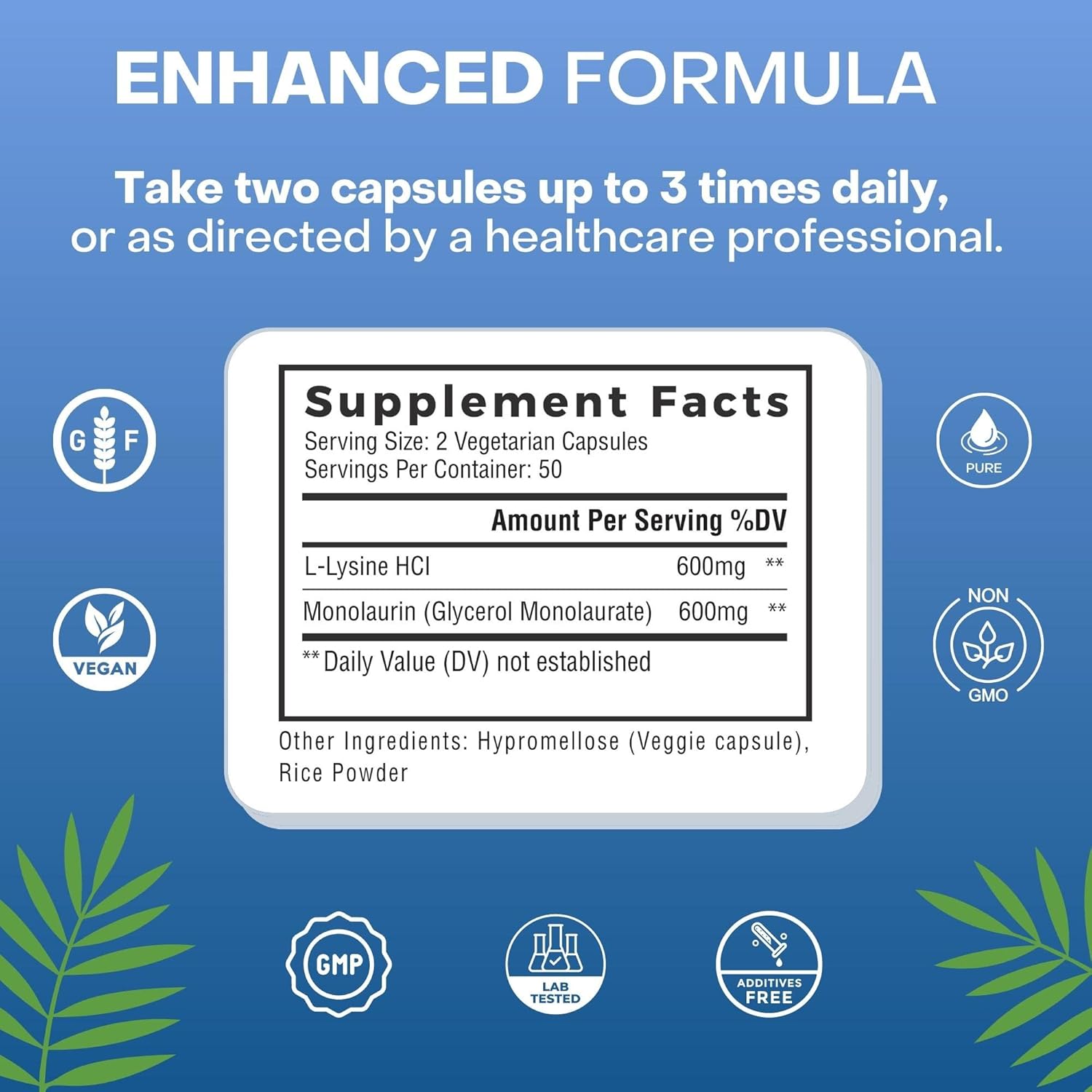 L-Lysine and Monolaurin 600mg Capsules - 100 Count, Natural Cure Labs Formula