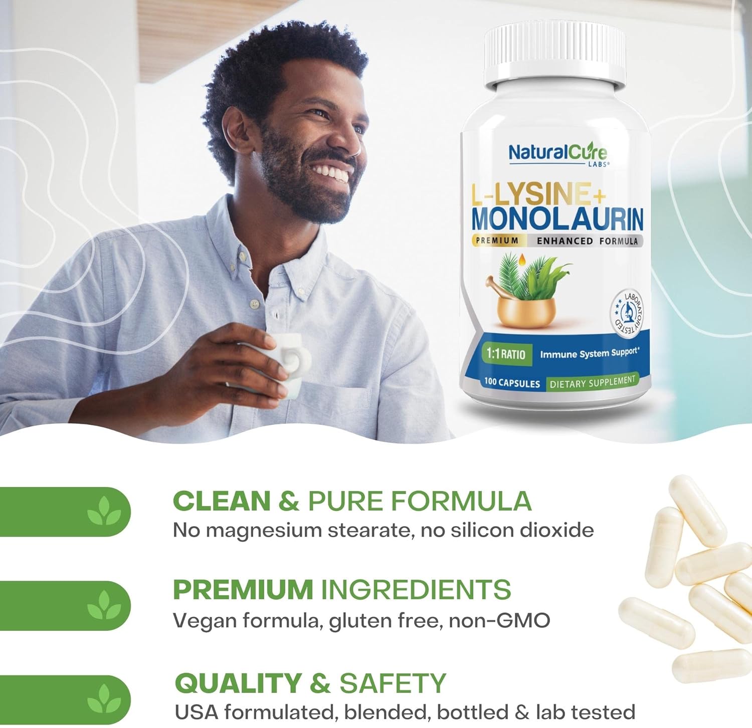 L-Lysine and Monolaurin 600mg Capsules - 100 Count, Natural Cure Labs Formula