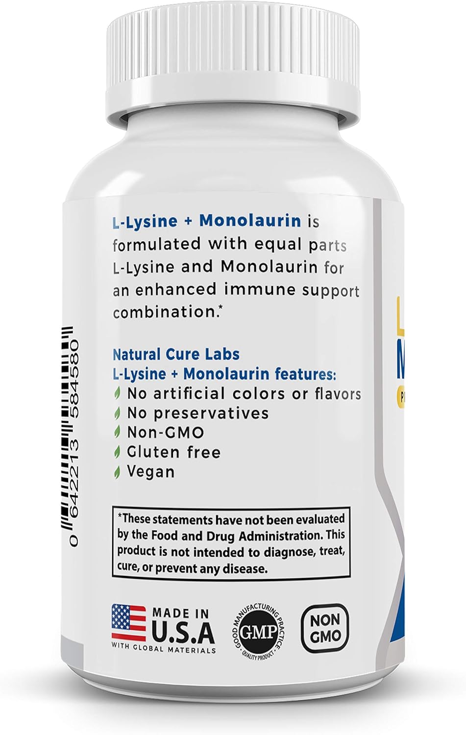 L-Lysine and Monolaurin 600mg Capsules - 100 Count, Natural Cure Labs Formula
