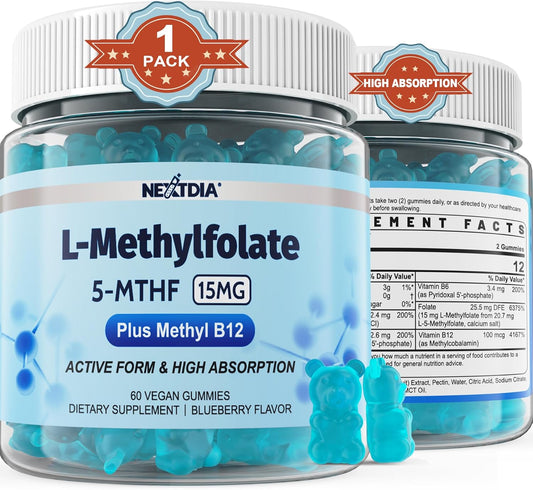 L-MethylFolate 15mg & Methyl B12 Gummies - Active Multivitamins for MTHFR Support - Vegan, 60 Ct
