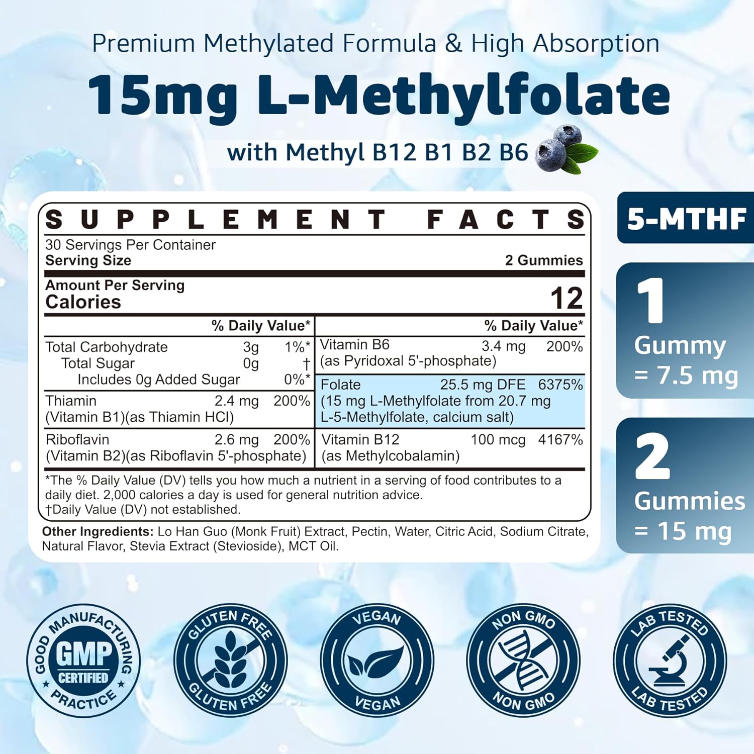 L-MethylFolate 15mg & Methyl B12 Gummies - Active Multivitamins for MTHFR Support - Vegan, 60 Ct