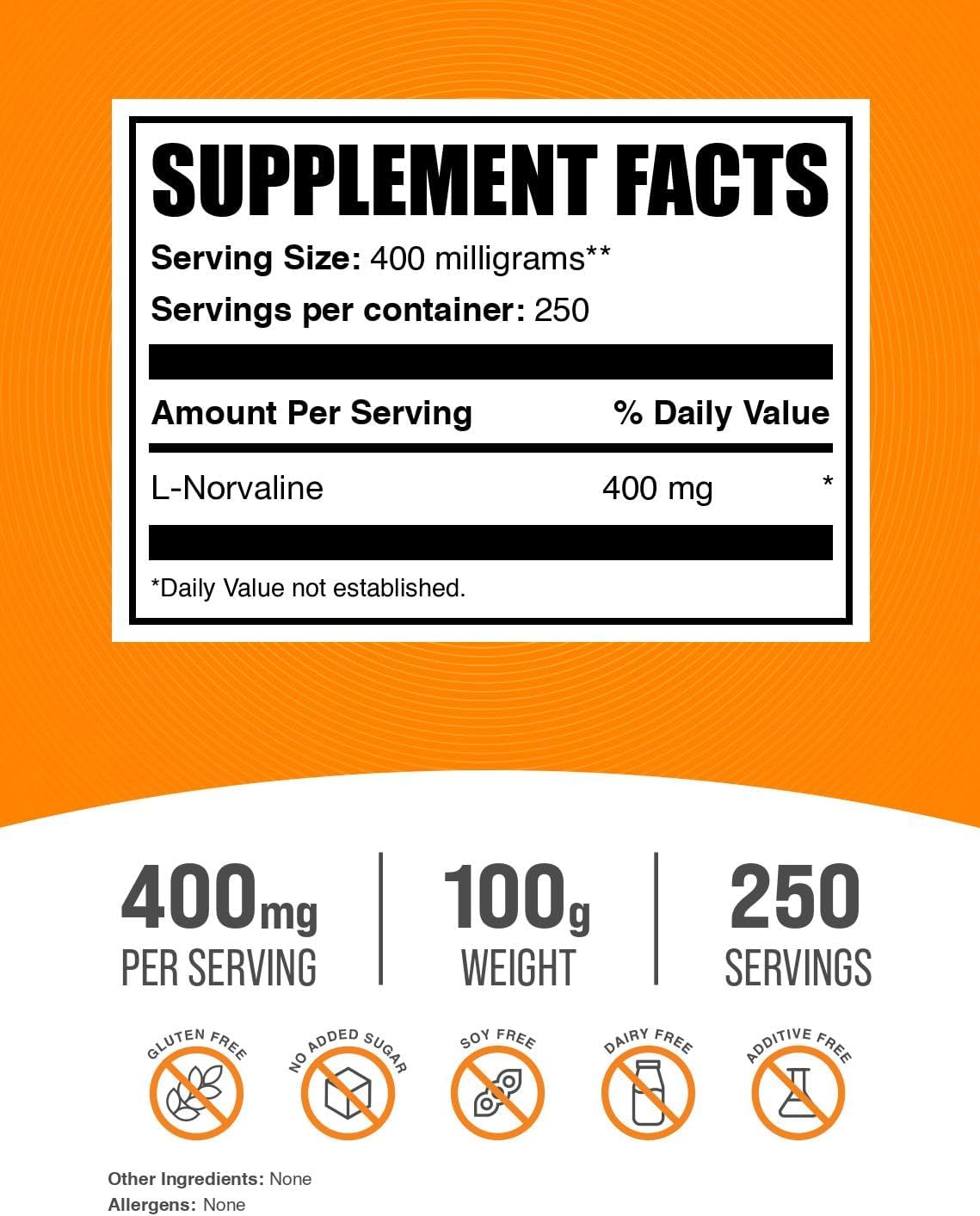 L-Norvaline Powder - Bulk Amino Acid Supplement for Nitric Oxide Support - Gluten Free, 400mg per Serving - 100g (3.5 oz) Pack