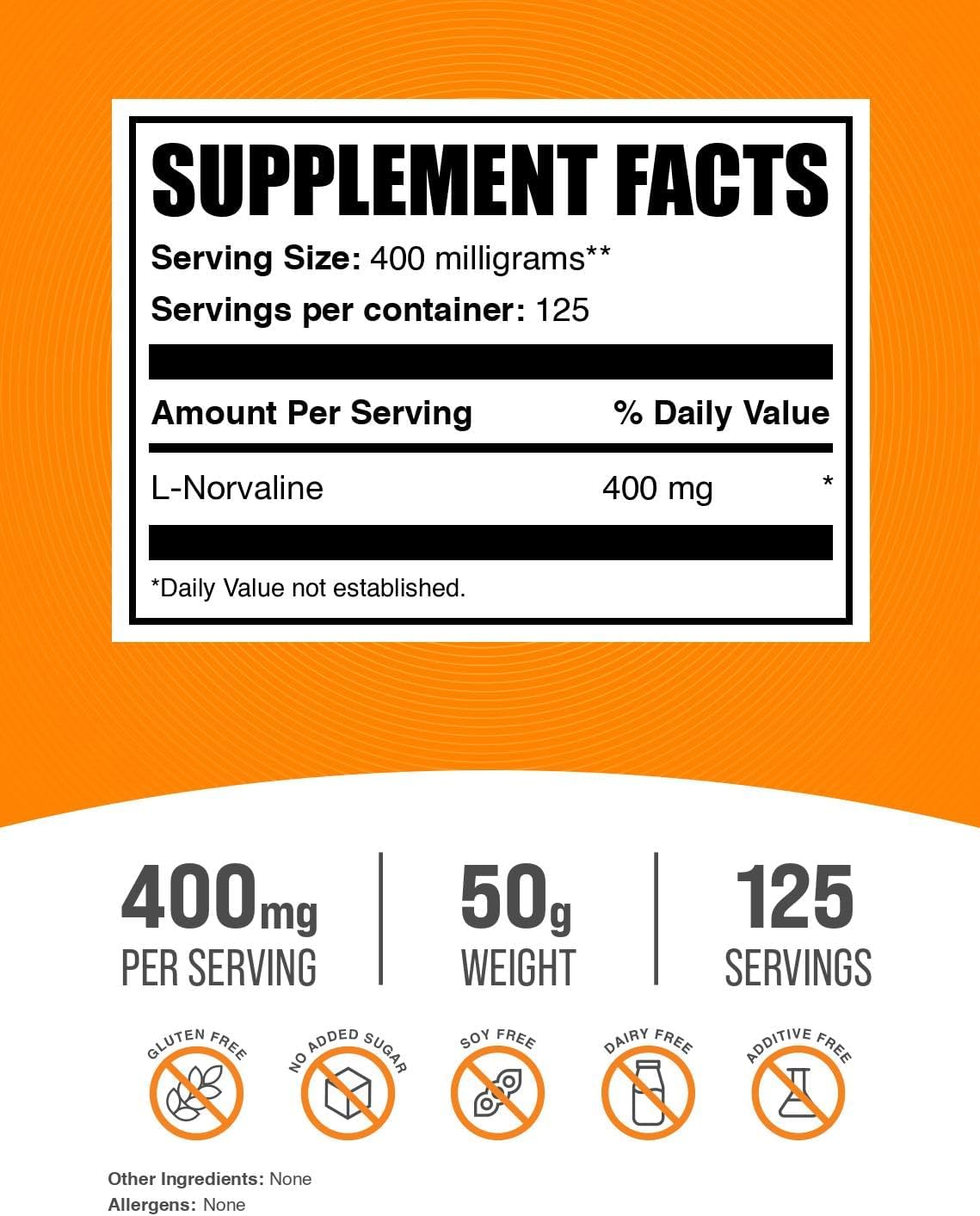 L-Norvaline Powder - Nitric Oxide Amino Acid Supplement - Gluten Free, 400mg per Serving - 50g (1.8 oz) - BulkSupplements