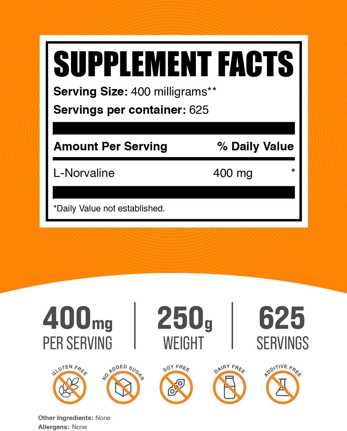 L-Norvaline Powder Supplement - Nitric Oxide Booster, Amino Acid Blend - Gluten Free, 400mg per Serving, 250g (8.8 oz) Pack