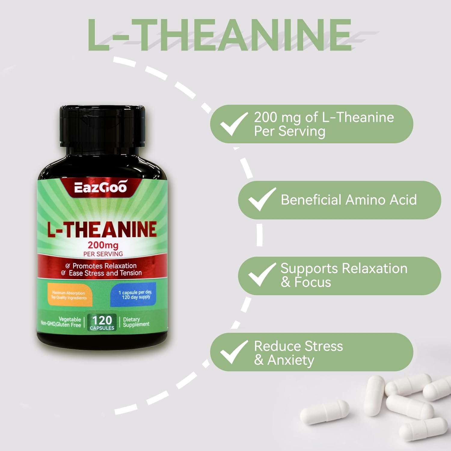 L-Theanine 200mg Capsules for Relaxation & Stress Relief - Non-GMO, Gluten Free (240 Veg Caps)