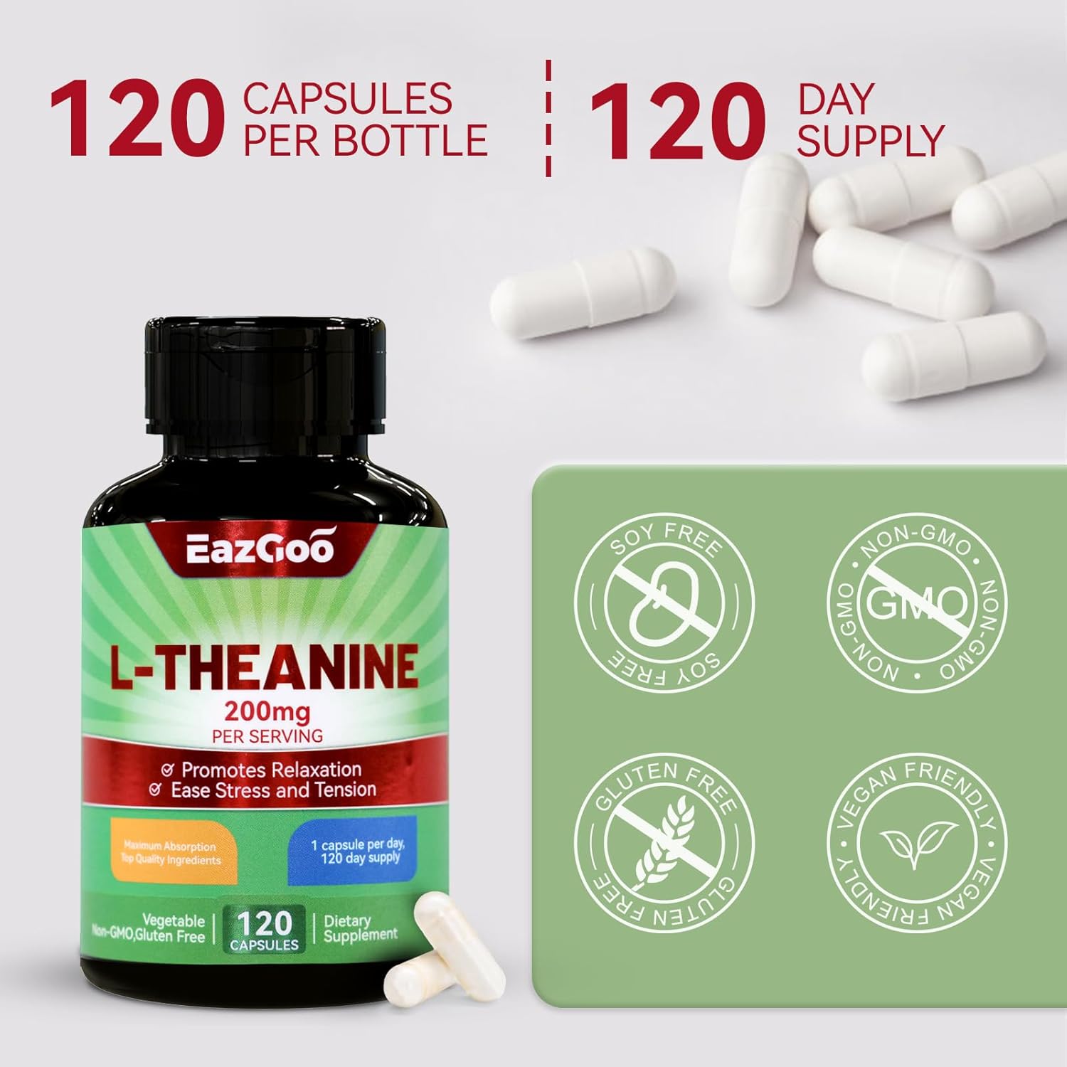 L-Theanine 200mg Capsules for Relaxation & Stress Relief - Non-GMO, Gluten Free (240 Veg Caps)