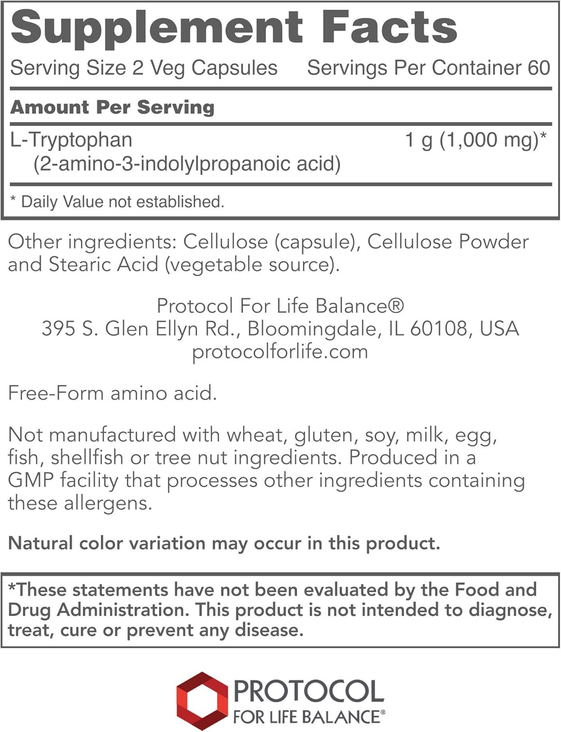 L-Tryptophan 500 mg - 120 Vegetable Capsules by Protocol For Life Balance