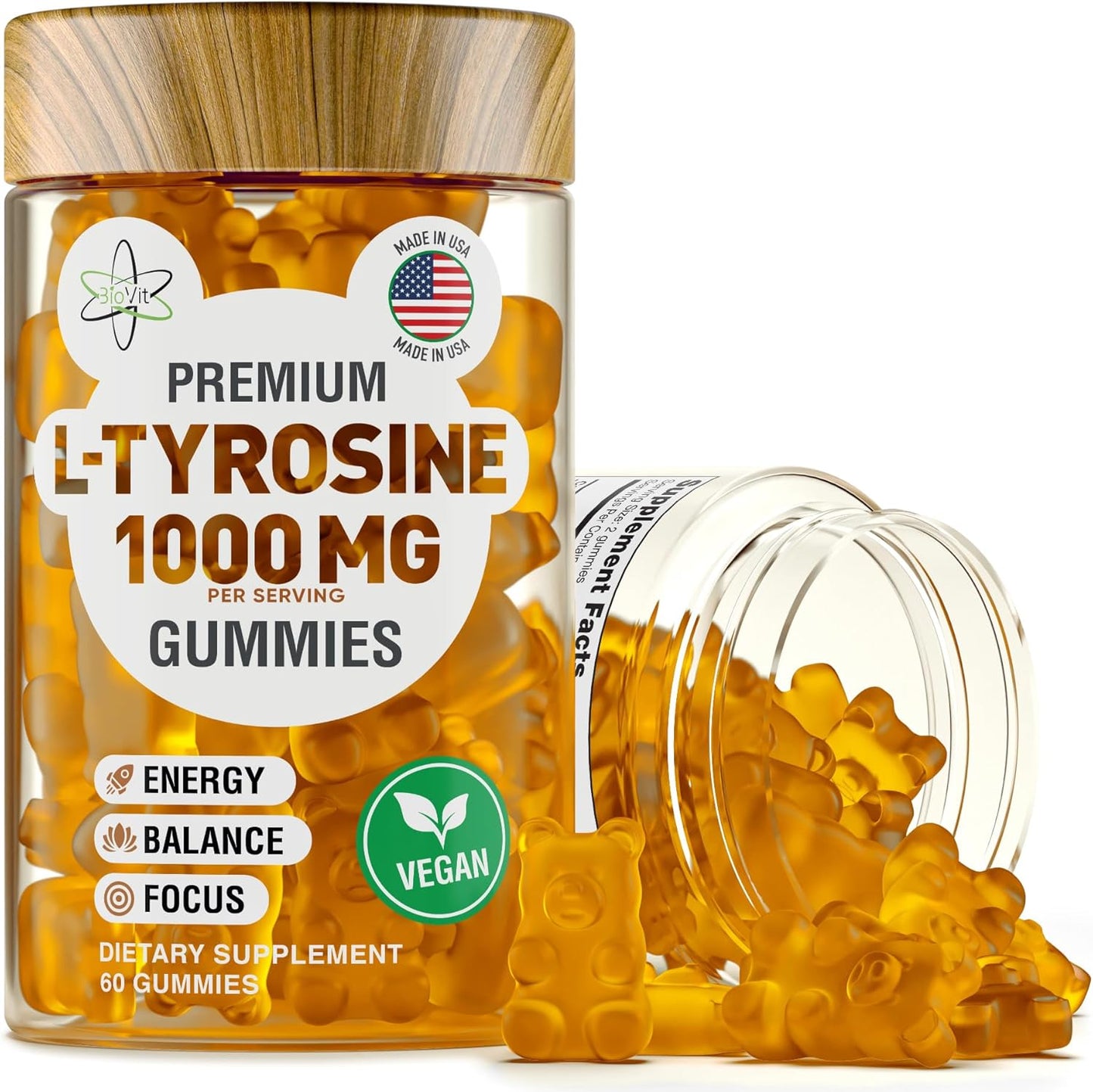 L-Tyrosine Gummies - Vegan Supplement for Focus, Mood & Energy - 1000MG per Serving - 60 Gummies