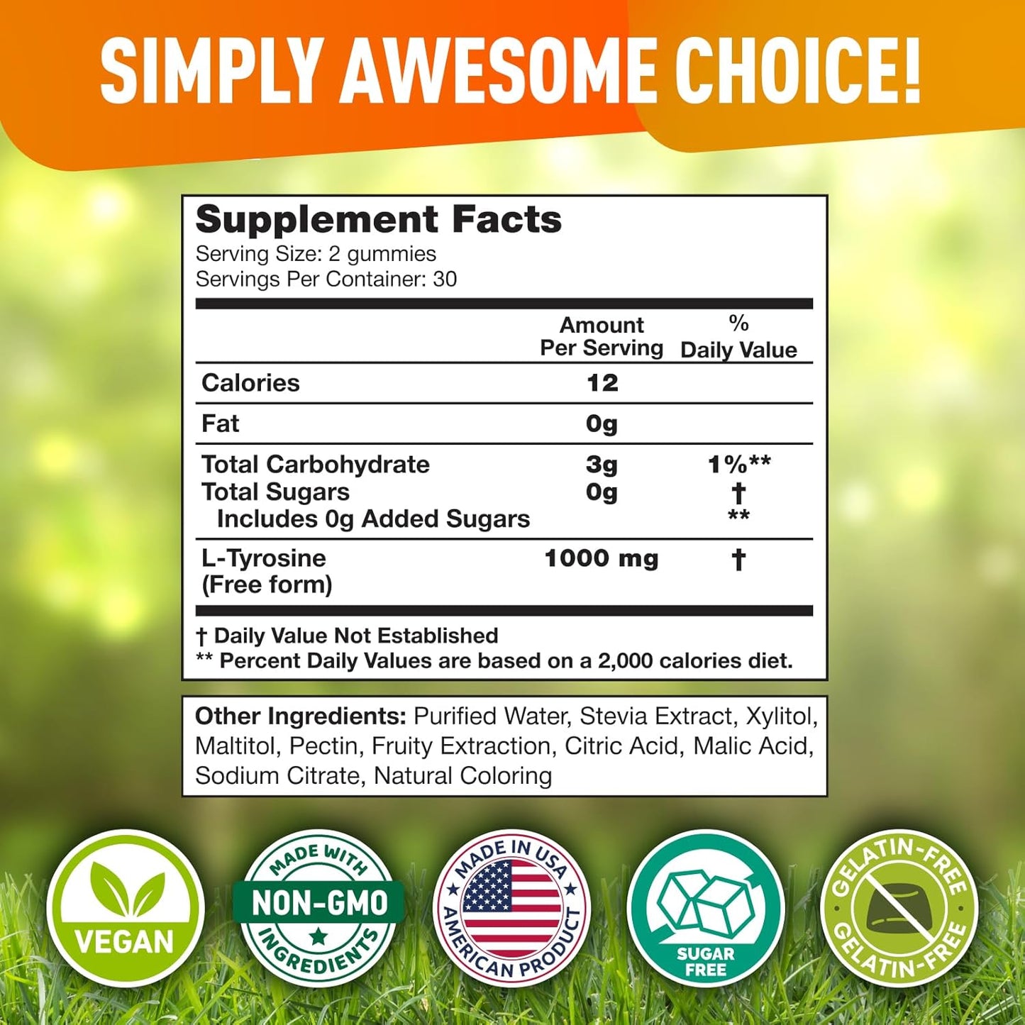 L-Tyrosine Gummies - Vegan Supplement for Focus, Mood & Energy - 1000MG per Serving - 60 Gummies