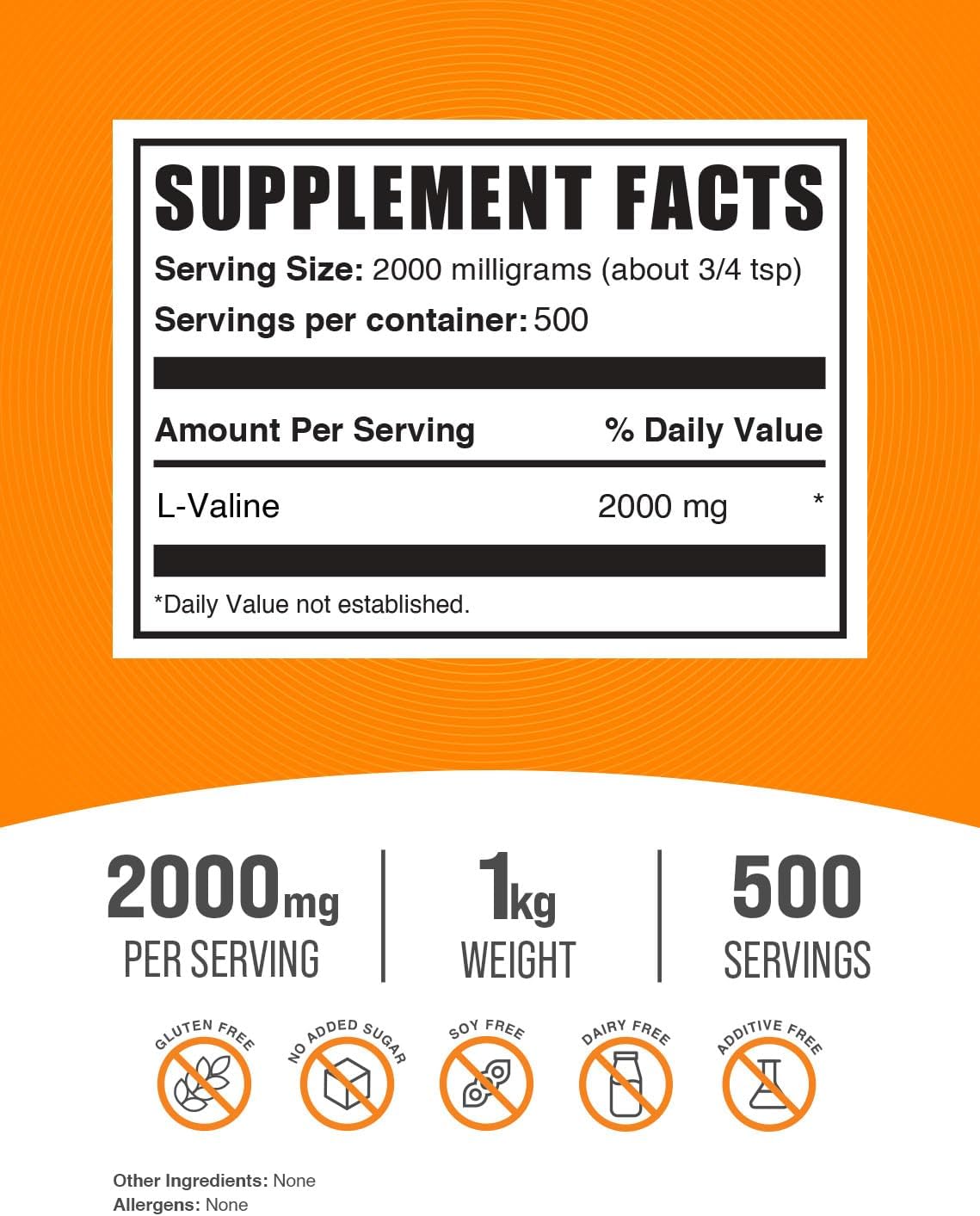 L-Valine Powder Supplement - BCAA Amino Acid Powder, 2000mg per Serving, Gluten-Free - 1kg (2.2 lbs) Pack