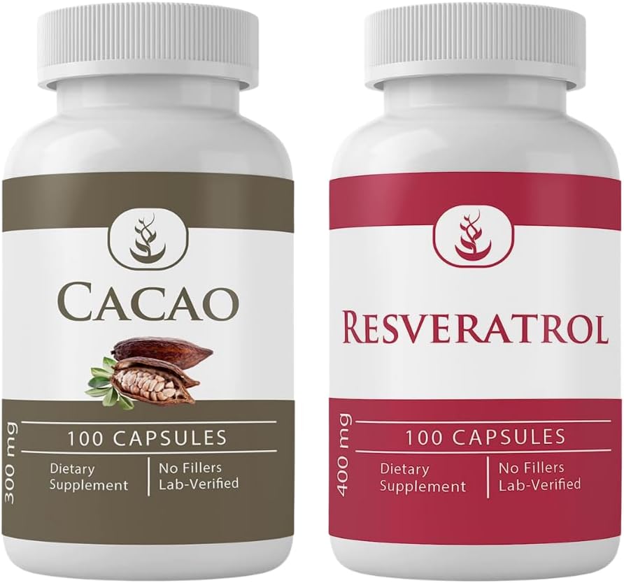 Lab Verified 100-Count Cacao & Resveratrol Capsule Bundle with Pure Original Ingredients, No Additives or Fillers