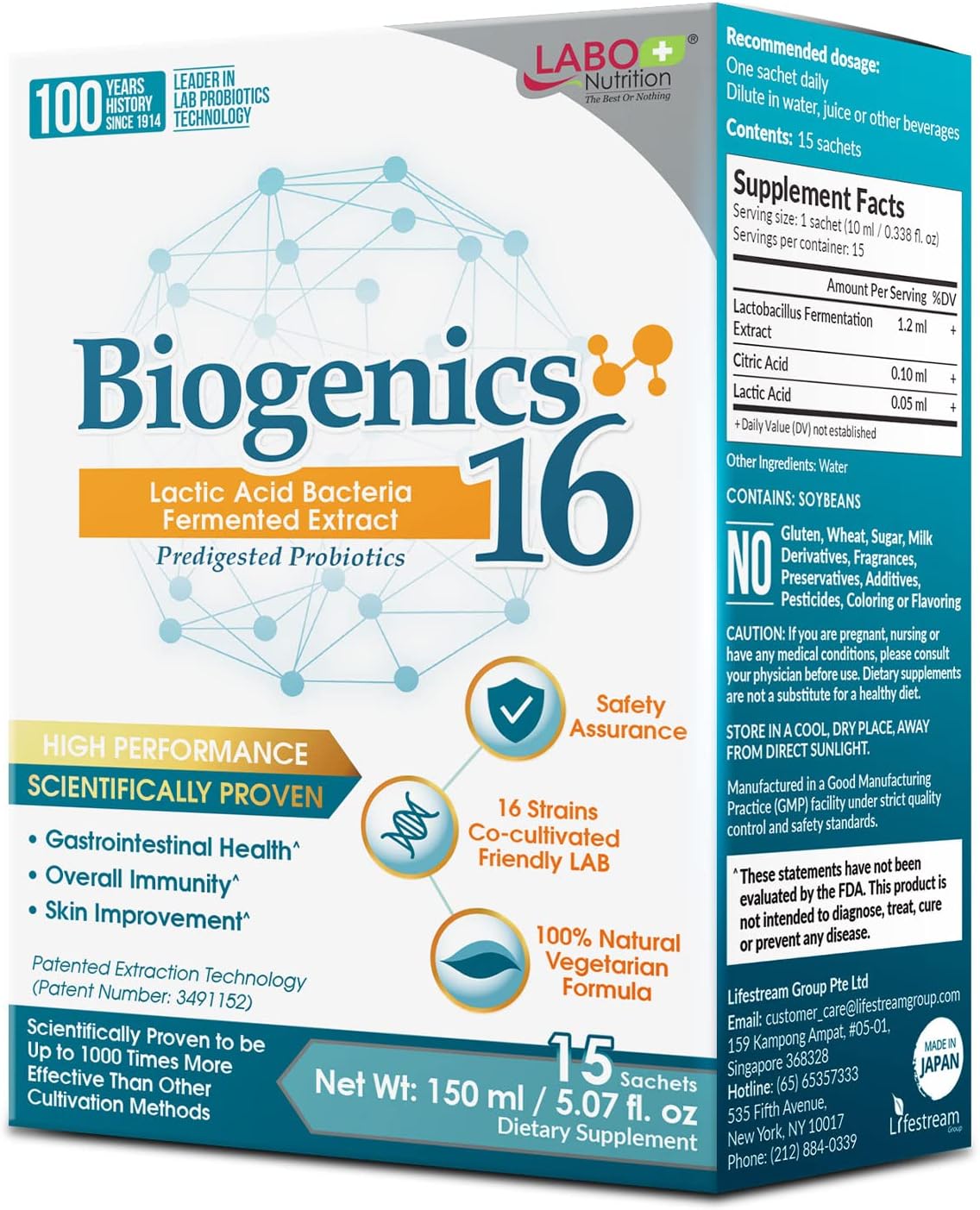 LABO Nutrition Biogenics 16–Lactic Acid Bacteria Fermented Extract for Gut Health Support, 1000x Potency, Improve Intestinal Skin and Immune Health, 10mlx15 sachets