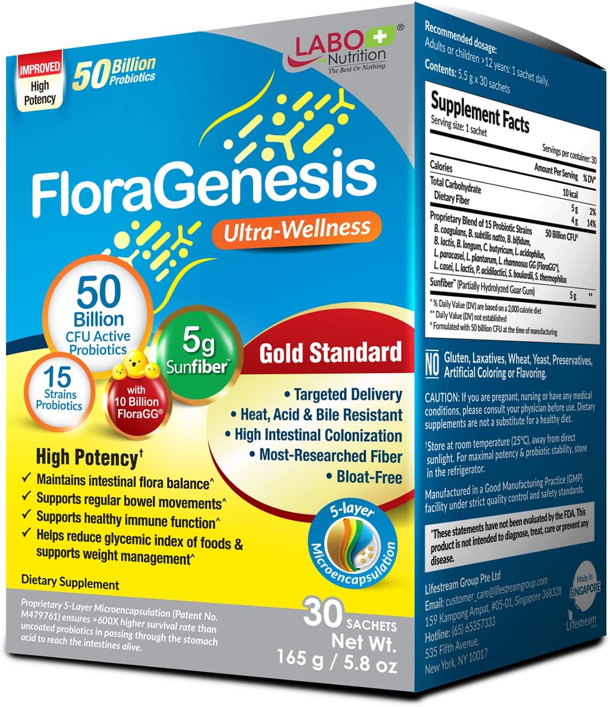 LABO Nutrition FloraGenesis Probiotics 50 Billion CFU - 15 Strains, 600x More Survivability, Delayed Release, Stomach Acid Resistant - Gut & Digestive Health - 30 Bags
